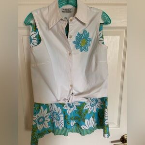 Vanity Women’s Petite White and Blue Floral Dress